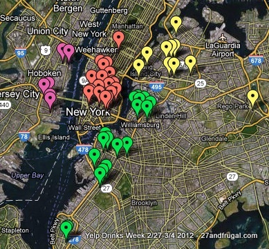 Yelp 2012 Drinks Week Map Color Coded by Borough